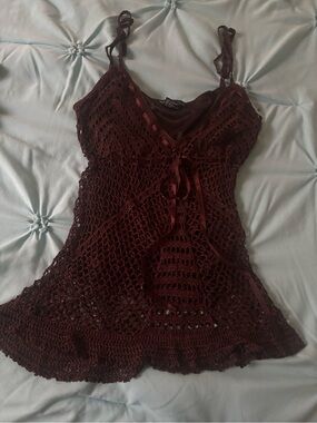 Crochet Burgundy Camisole with Satin Tie
